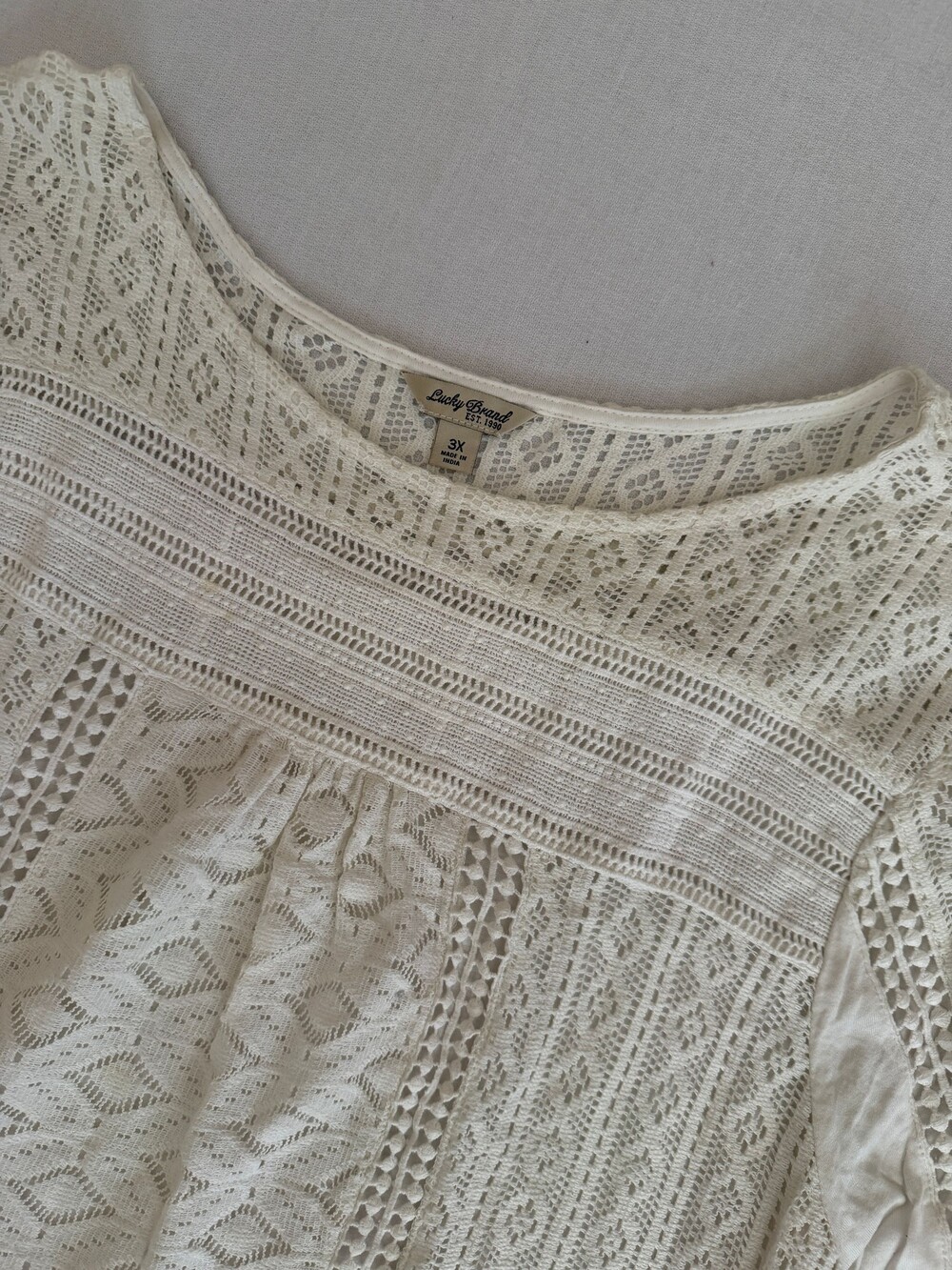 Lucky Brand Crochet Lace Blouse 3X Cream 3/4 Sleeve Plus Size 0144